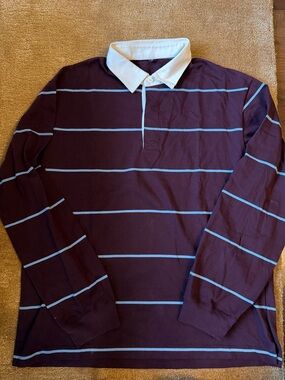 Men's Burgundy Stripe Rugby Shirt with White Collar